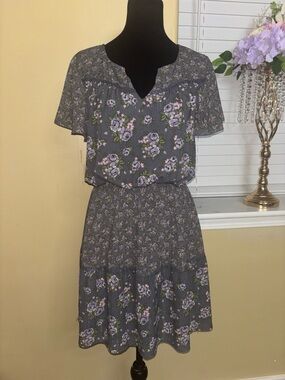 Ariat Floral Short Sleeve Smocked Waist Dress - Gray with Lavender Roses
